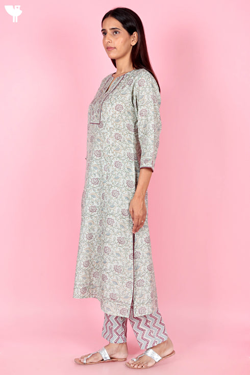 Chanderi Silk Kurta Pant Set With Dupatta Block Print